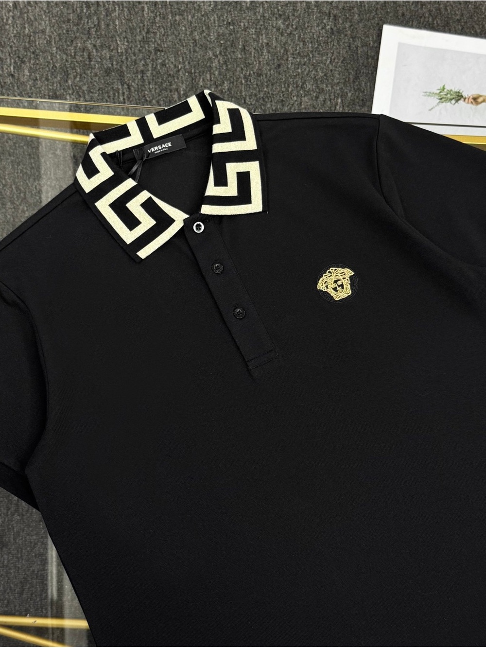 Versace Black Polo with Cream Geometric Collar and Gold Medusa Emblem - Picture 5 of 6